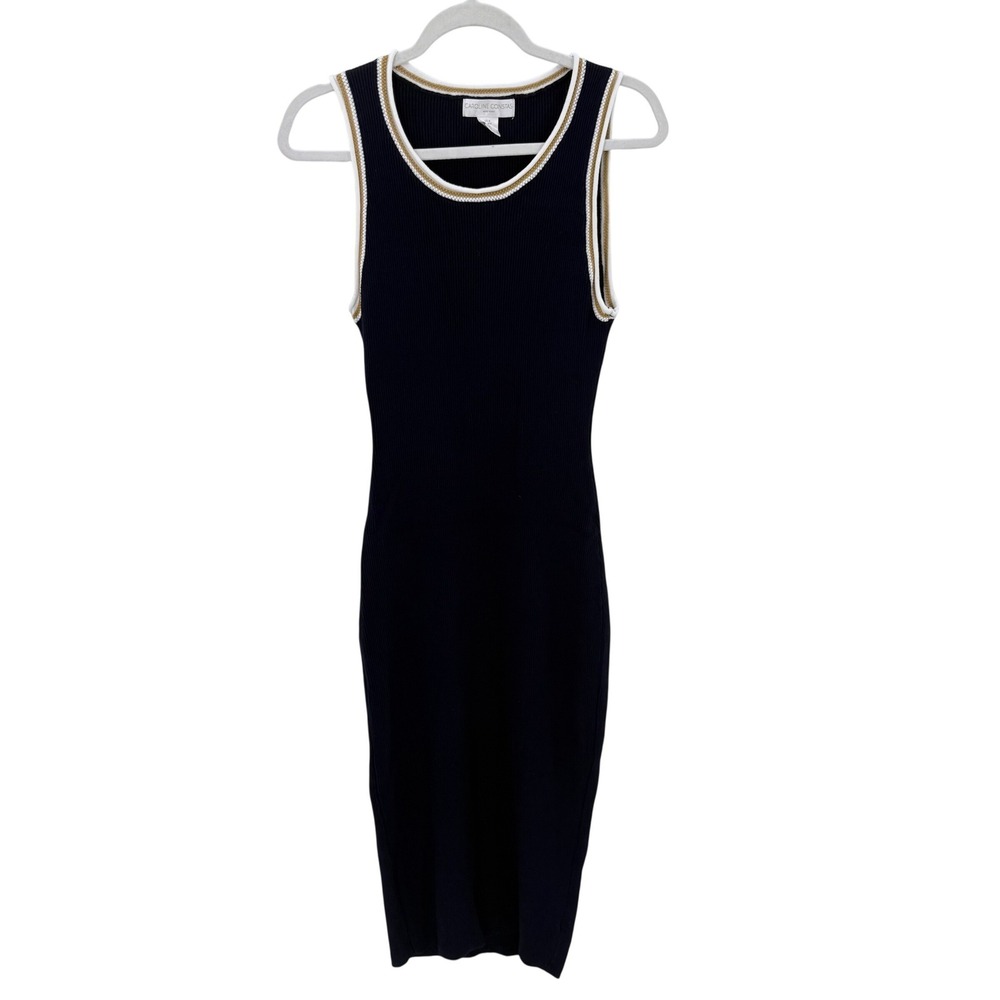Caroline Constas Navy‎ Ribbed Knit Midi Dress Gold Striped Trim Womens Size M